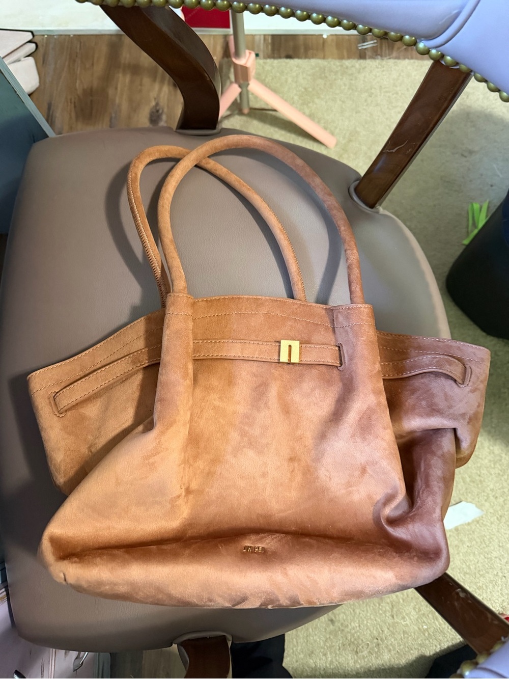 JW PEI Tan Suede Shoulder Tote with Gold Accent